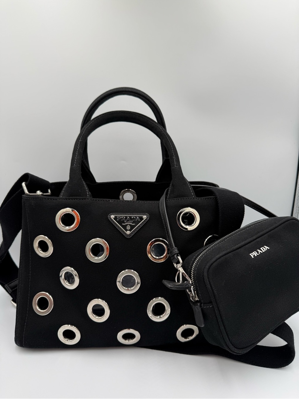 Prada Black Canapa Canvas Satchel with Silver Grommet Accents and Pouch